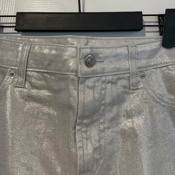 NWT Old Navy Size 12 Silver Shine Metallic Zip Stretch Denim A Line Mini Skirt - Picture 2 of 12